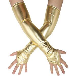 Women's Fingerless Shiny Metallic Spandex Gold Fashion Long Elastic Gloves